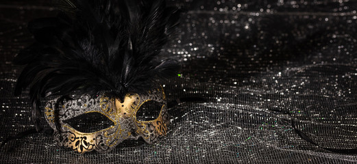 Carnival mask on black shiny background, banner