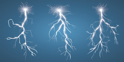 Obraz premium Set of lightnings. Thunder-storm and lightnings. Magic and bright lighting effects.