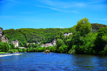 A view up the Dordogne River near the medieval village of La Roque Gageac in Aquitaine, France
