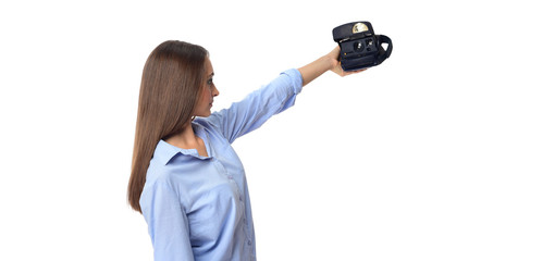 Fototapeta premium Beautiful young women making selfie with express photo camera. isolated
