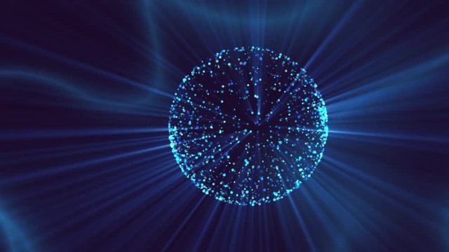 Dark blue background with animated sphere of moving and shining particles. Abstract science backdrop.