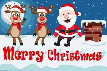 Santa Claus and deer sit on the roof next to the chimney.