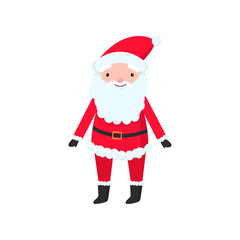 Bright and cheerful Santa Claus in a red suit and a long and thick beard congratulates everyone on the New Year.
