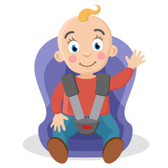Child fastened in a car seat waving on a white.