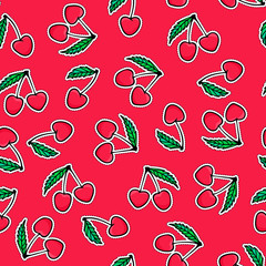 Cherry sticker seamless pattern. Vector hand drawing bright pink berry with leaf on white sticker. Design surface tasty background