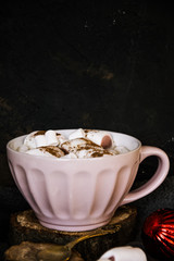 Good New Year spirit. Coffee with marshmallows and cinnamon. Pink mug. Cooking yourself. Photos for coffee. Home comfort. New Year. Christmas time. Winter mood.