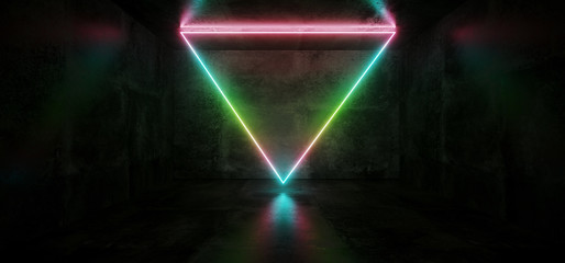Dark Black Grunge Concrete Futuristic Modern Sci Fi Elegant Room With Triangle Shaped Gradient Green Pink Blue Neon Glowing Tube With Reflection 3D Rendering