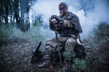 viking with red beard with armor shield and sword in the battle field - obrazy, fototapety, plakaty
