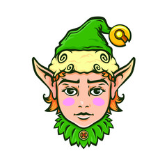 Face of Christmas Elf, vector illustration isolated on white background, can me used for some emblem