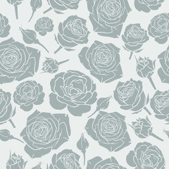 Gray rose repeat pattern, vector illustration, silhouette of roses