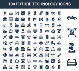 100 Future Technology universal icons set with Ar glasses, Vr Drone, Car, Smartphone, Smart house, Artificial intelligence, Robot, Tree