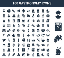 100 gastronomy universal icons set with Apple, Steak, Menu, Oyster, Fast food, Lemon, Coffee beans, Gin, Lime, Lemon