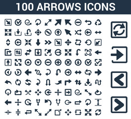 100 arrows universal icons set with Skip Track, Backward Arrow, Enter Left, Loading Arrows, Three Curved Expad Counter Zoom Directions, Exit Top Right, Diagonal Resize