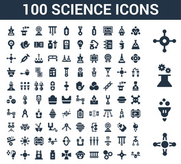 100 Science universal icons set with Atom, Idea, Mechanism, Molecule, Molecules, Physics, Einstein, Radiation