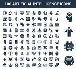 100 Artificial Intelligence universal icons set with intelligence, Robot, Piction, Data analysis, Algorithm, Mechanical arm, Chat, Robot