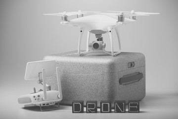 Flying drones on black background. Theme selling and buying drone