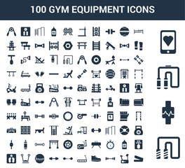 100 gym equipment universal icons set with Jumping rope, Watch, Chest expander, Smartphone, Dumbbells, Stationary bike, Dumbbell, Sneakers, Treadmill, Dumbbell