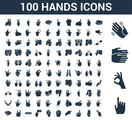 100 Hands universal icons set with Tap, Ok, Clapping, Waving hand, Fist, Smartphone, Counting, Pointing, Click