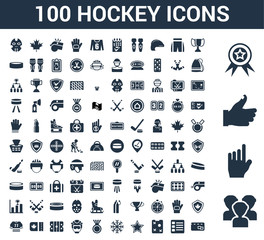 100 Hockey universal icons set with Audience, Hand, Thumb up, Medal, Trophy, List, Strategy, Star, Snowflake, Medal