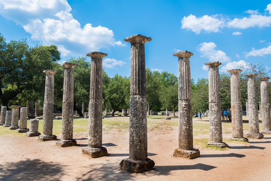 Gymnasion or Palaestra in the archaeological site of Olympia in Greece. A training area for athletes for practice. In antiquity the Olympic Games were hosted every four years in Olympia from 776 BC.
