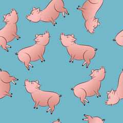 Symbol 2019 pink pig on a blue background, the pattern is seamless.