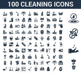 100 Cleaning universal icons set with Rose cleanin, Hands Compress No water Leaf Tampon Garbage truck cleanin