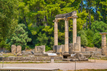 The Philippeion monument in the archaeological site of Olympia in Greece. In antiquity the Olympic Games were hosted every four years in ancient Olympia from 776 BC