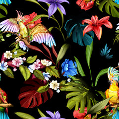 Obrazy  Jednolity wzór papugi kakadu na tropikalnych gałęziach z liśćmi i kwiatami na czarno. Ręcznie rysowane, wektor - czas.
