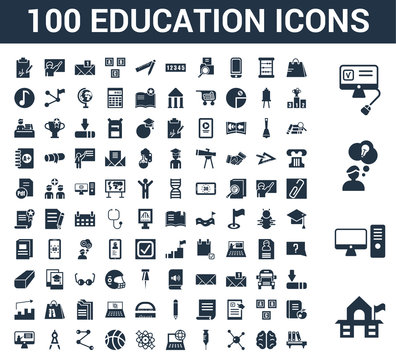 100 Education universal icons set with Old School, Desktop computer, Having an idea, Online test, Shopping cart, Human Brain, Molecular bond, Syringe, Computer and network, Atomic orbitals