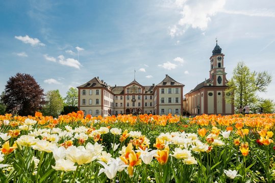Mainau Castle and Schlosskirche, and blooming tulips, Mainau Island, Lake Constance, Baden-Wurttemberg, Germany, Europe