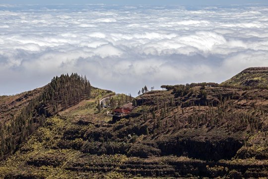 View from Roque Nublo on the Degollada de la Becerra and the sea of clouds over the north of Gran Canaria, Gran Canaria, Canary Islands, Spain, Europe