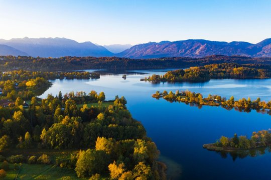 Lake Staffelsee, Seehausen am Staffelsee, drone shot, Bavarian Alpine foothills, Upper Bavaria, Bavaria, Germany, Europe