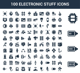 100 Electronic Stuff universal icons set with Full Battery, Battery Almost Full, Low Chip, Walkie talkie, Half USB Connection, Plug, Wifi Modem, Antenna