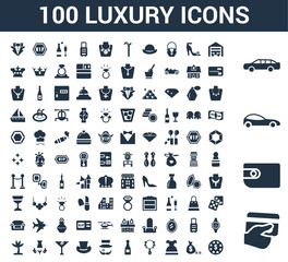 100 luxury universal icons set with Payment method, Wallet, Car, Limousine, Garage, Money, Dress, Necklace, Cognac, Top hat