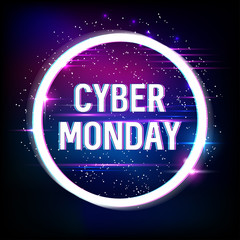 Banner for cyber monday sale with neon and glitch effects. Cyber Monday, online shopping and marketing concept. Poster design. Vector illustration.