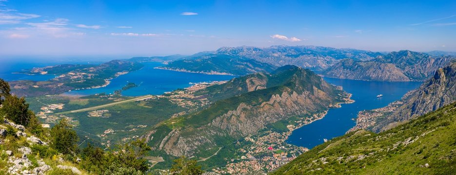 Bay of Kotor with airport Tivat and peninsula Vrmac, near Kotor, Montenegro, Europe