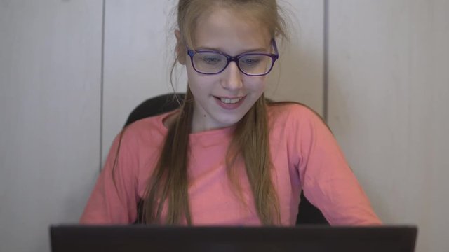 Happy Beautiful Teen Girl Using Laptop, Indoors