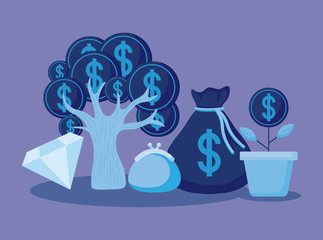 tree coins with set icons economy finance