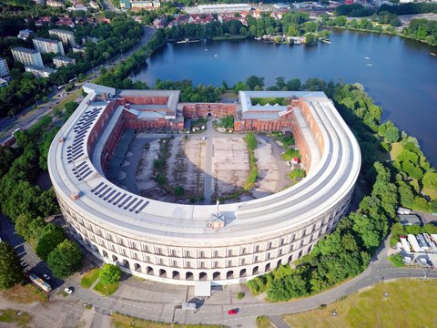 Former Nazi party rally grounds at the large Dutzendteich, unfinished congress hall of the NSDAP 1933-1945, with documentation centre and Serenadenhof, Nuremberg, Middle Franconia, Franconia, Bavaria, Germany, Europe