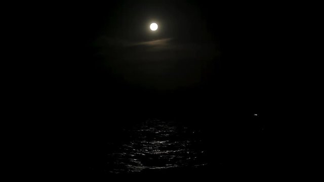 Night seascape, sea waves and moonlight, full moon at sea