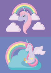 set cute unicorns with rainbow of fairy tale