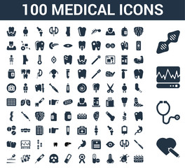 100 medical universal icons set with Heart, Stethoscope, Cardiogram, Dna, Brain, Virus, Nose, Antibiotic, Ribbon, Pill
