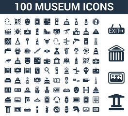 100 Museum universal icons set with Museum, Painting, Exit, No phone, Dinosaur, Vase, photo, Venus de milo