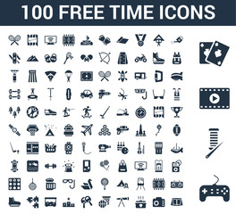 100 free time universal icons set with Game controller, Knitting, Movie, Card, Gardening, Camera, Cooking, Telescope, Basketball, Table tennis