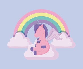 head cute unicorn of fairy tale with rainbow and clouds