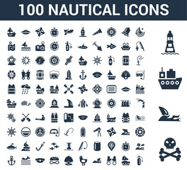 100 Nautical universal icons set with Skull and bones, Shark, Ship, Lighthouse, Radar, Sailboat, Binoculars, Fish, Seagull, Pearl