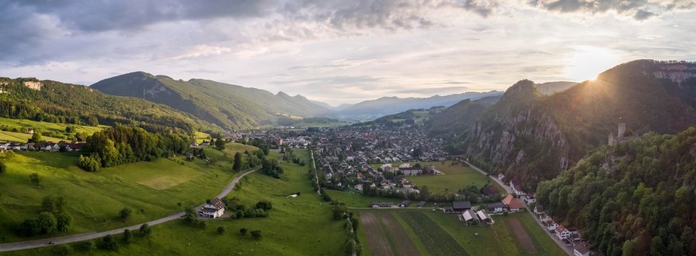 Panorama from Neu Bechburg Castle over Aeussere Klus and Balsthal, Solothurn, Switzerland, Europe