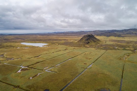 Drone shot, Stora-Eldborg spatter crater, Reykjanes Peninsula, Iceland, Europe