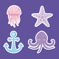 cute octopuses with starfish and anchor