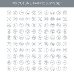 100 traffic signs outline icons set such as No parking linear, W